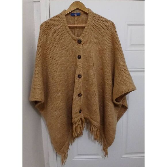 Strenesse womens large wool mohair camel brown fringe poncho sweater tan Italian - Picture 1 of 7